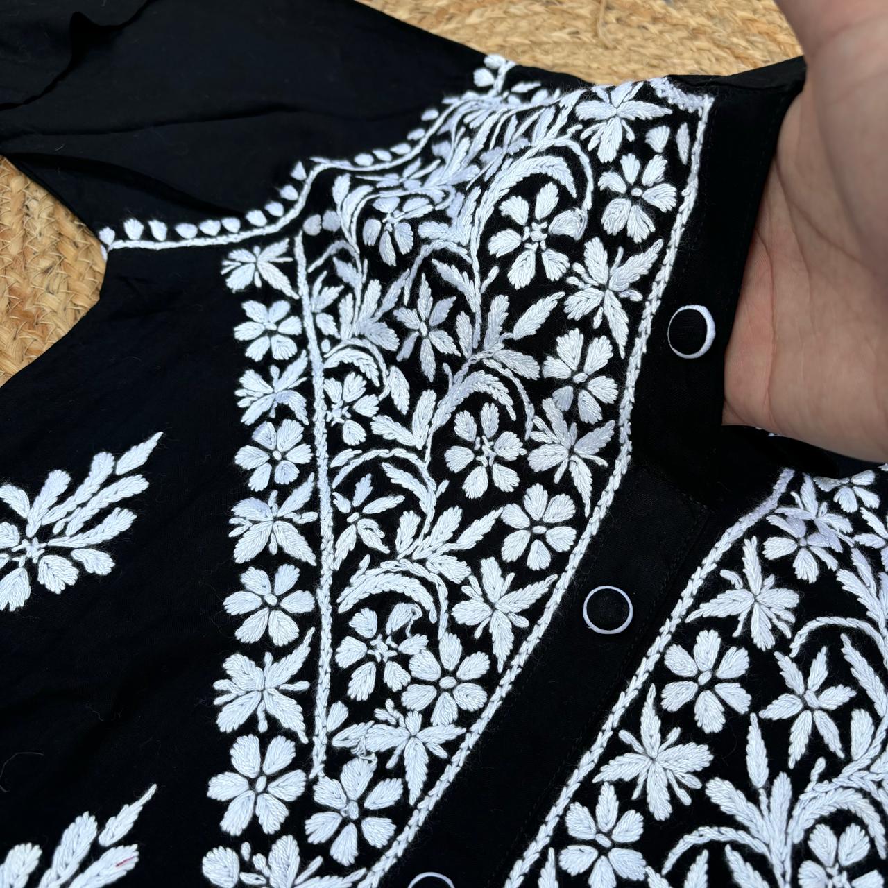 Rihana Rayon Chikankari Short Kurti Plazo Coord Set - Black colour - Chikankaar