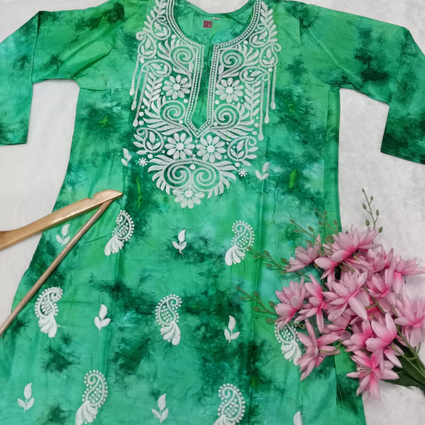 Rayon Tie & Dye Chikankari Machine Work Kurti -Sea Green Colour - Chikankaar
