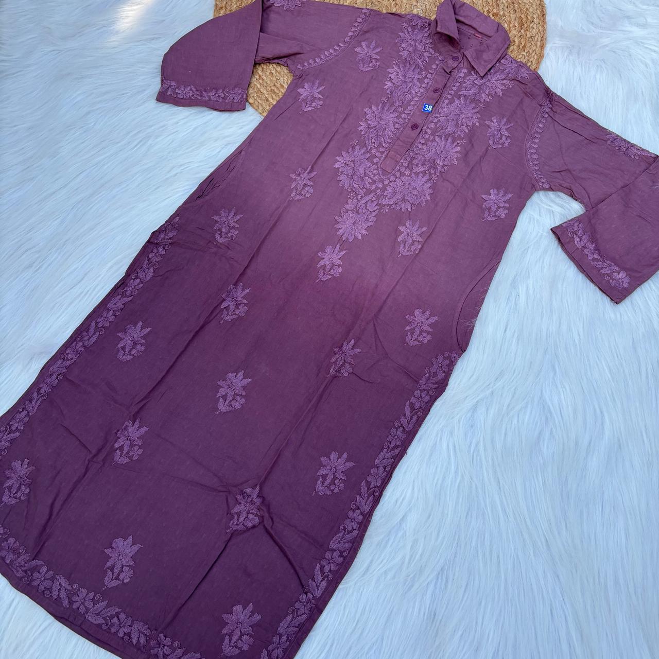 Sadia Dobby Cotton Ombre Shaded Chikankari Kurti with Collar - Wine Colour