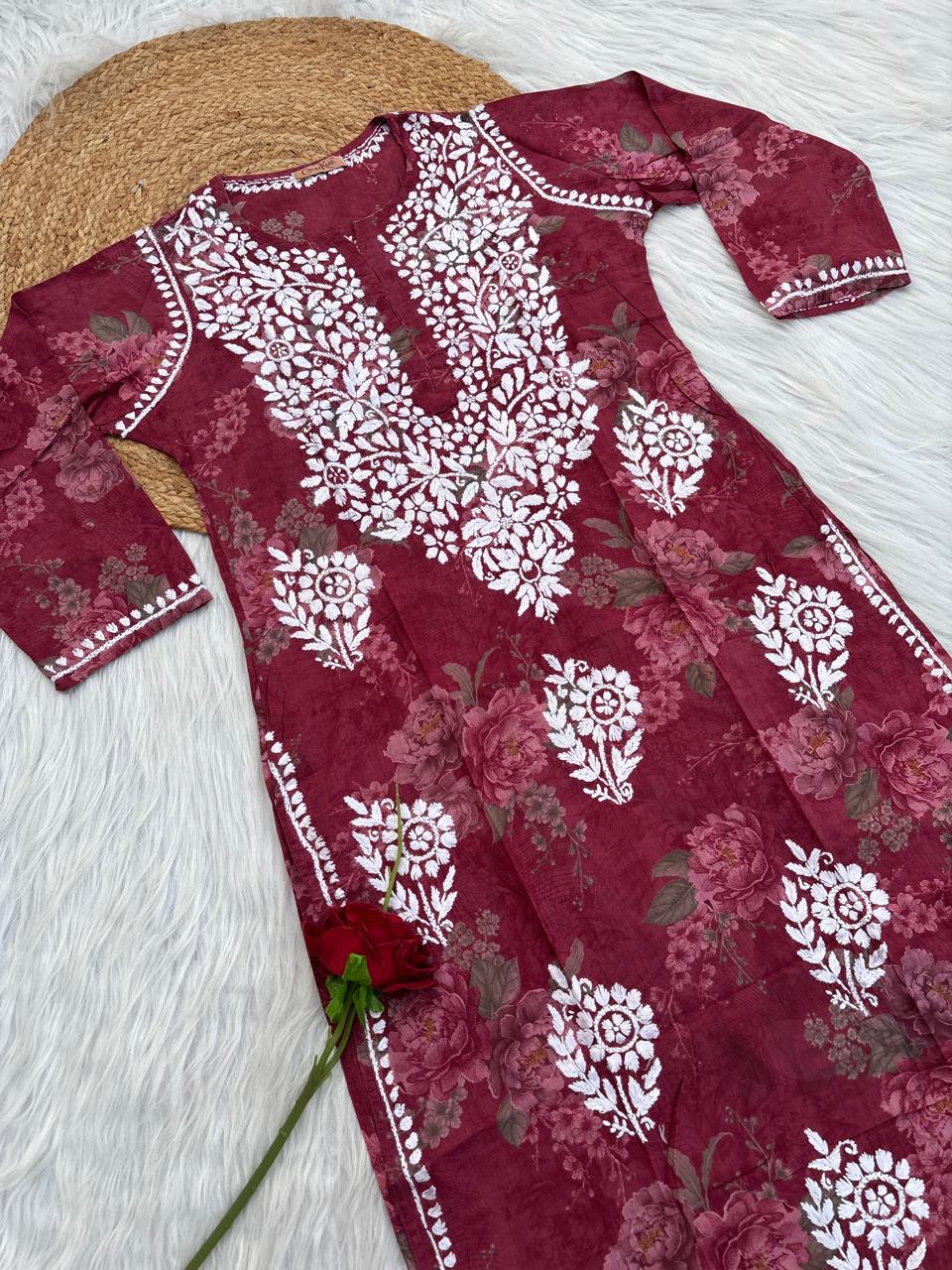 Zaina Pure Mulmul Chikankari Handwork Kurti - Red Colour