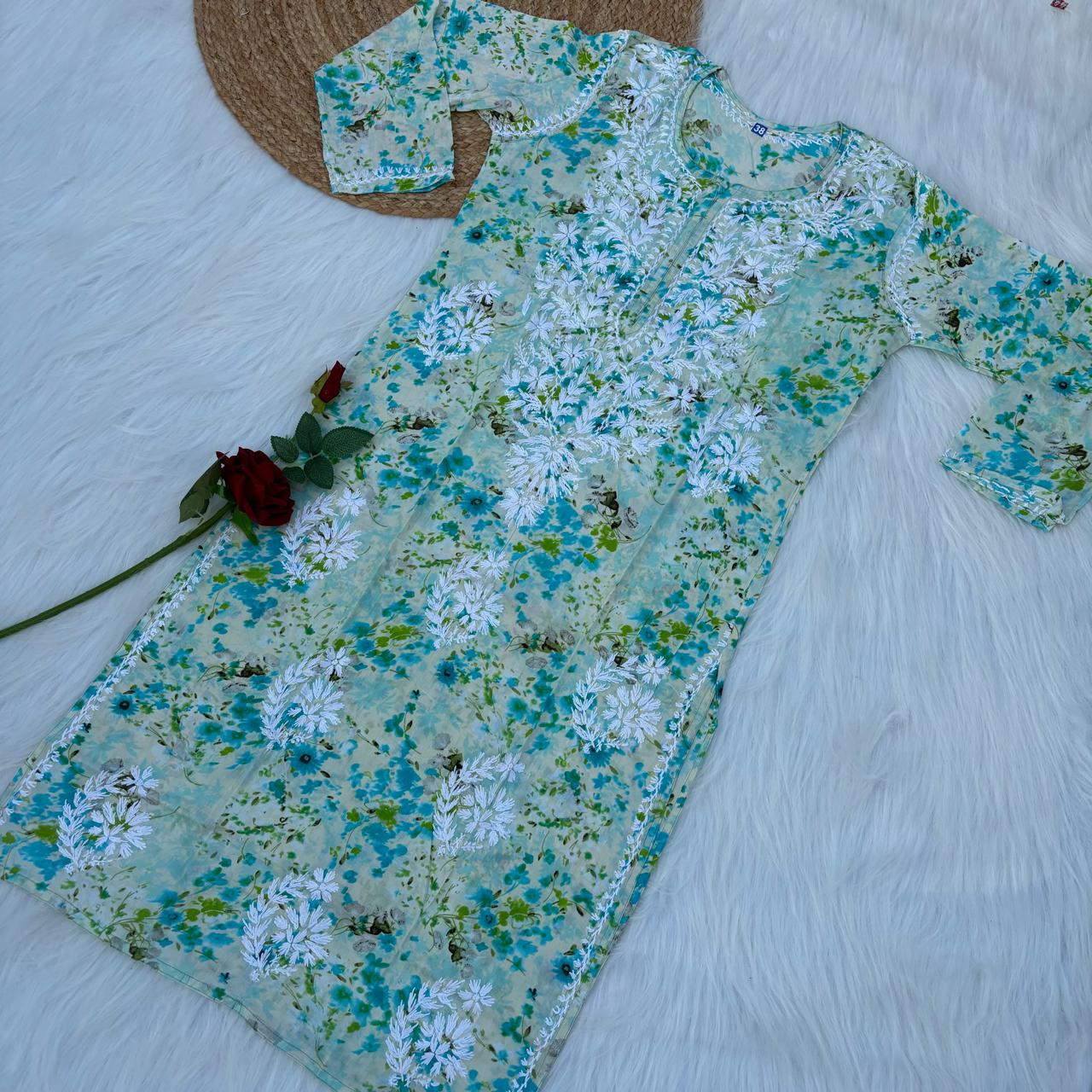 Fatima Pure Mulmul Chikankari Handwork Kurti - Sea Green Colour - Chikankaar