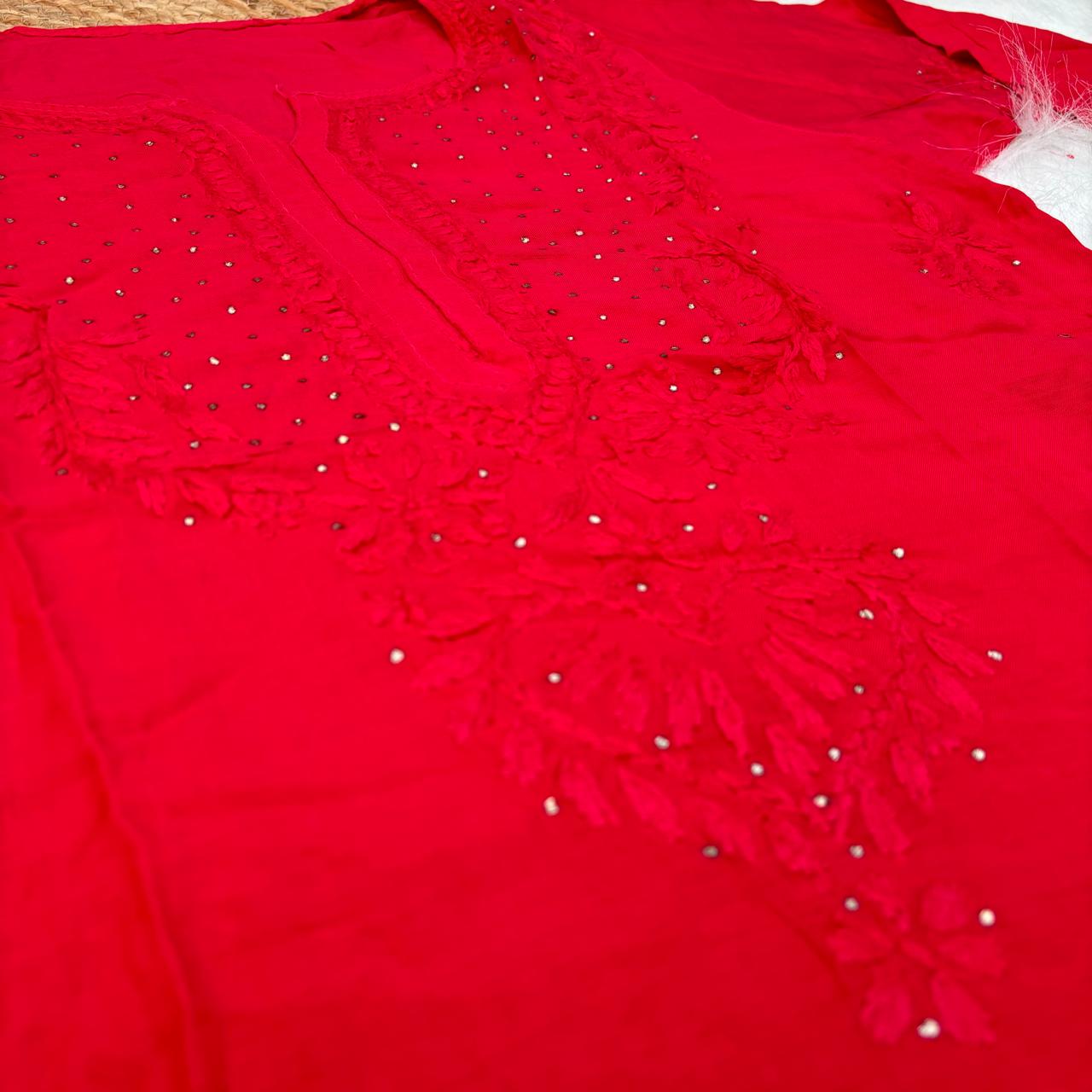 Rakul Preet Inspired Chikankari Muslin Kurti with Mukaish Work - Red Colour - Chikankaar
