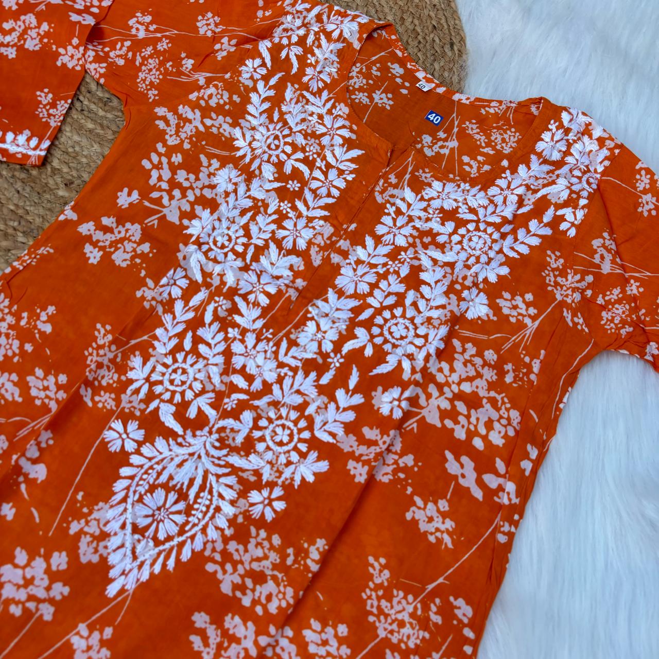 Mahira Sharma Inspired Pure Mulmul Printed Chikankari Handwork Kurti - Orange Colour - Chikankaar