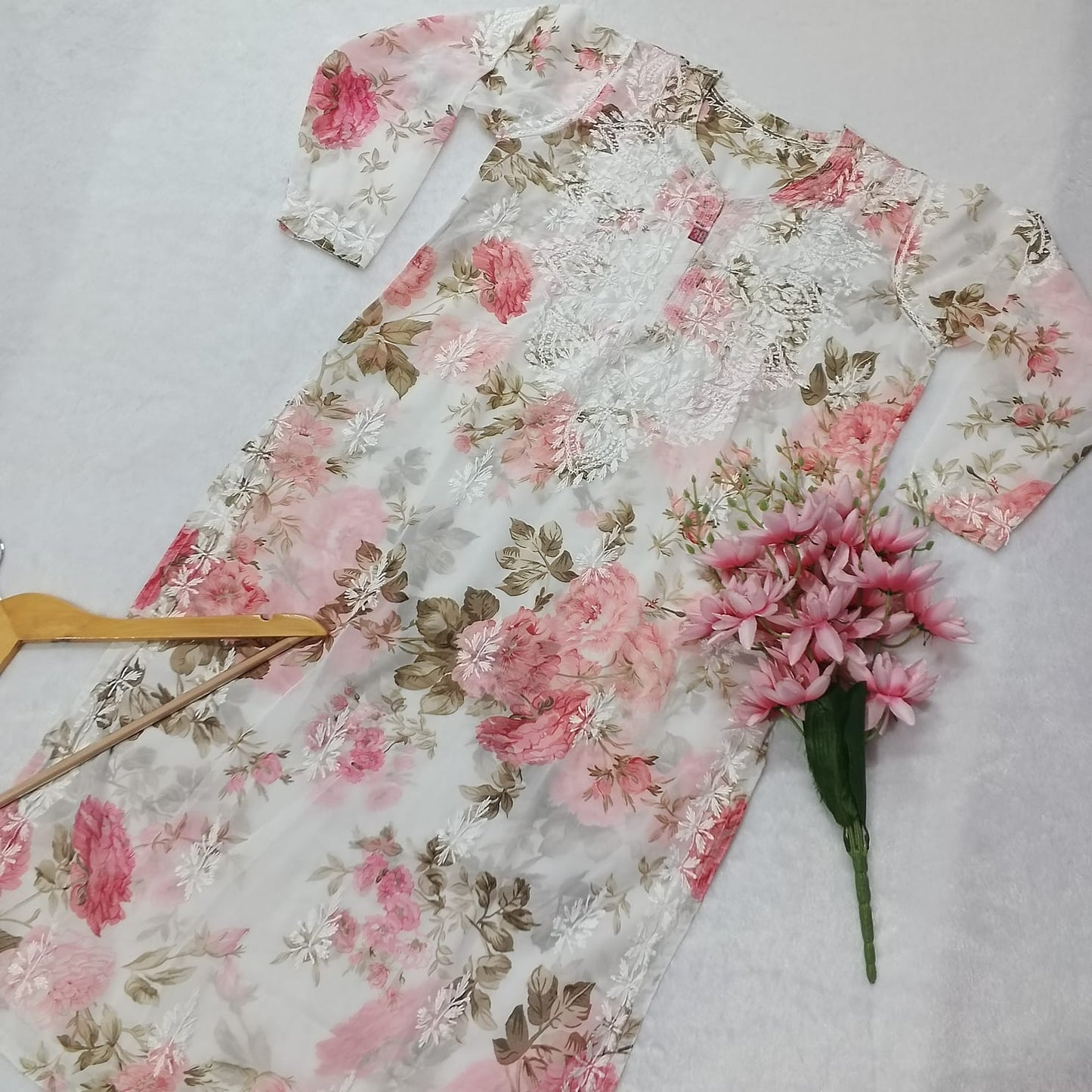 Chikankari Georgette Floral Printed Kurti - Pink Colour - Chikankaar