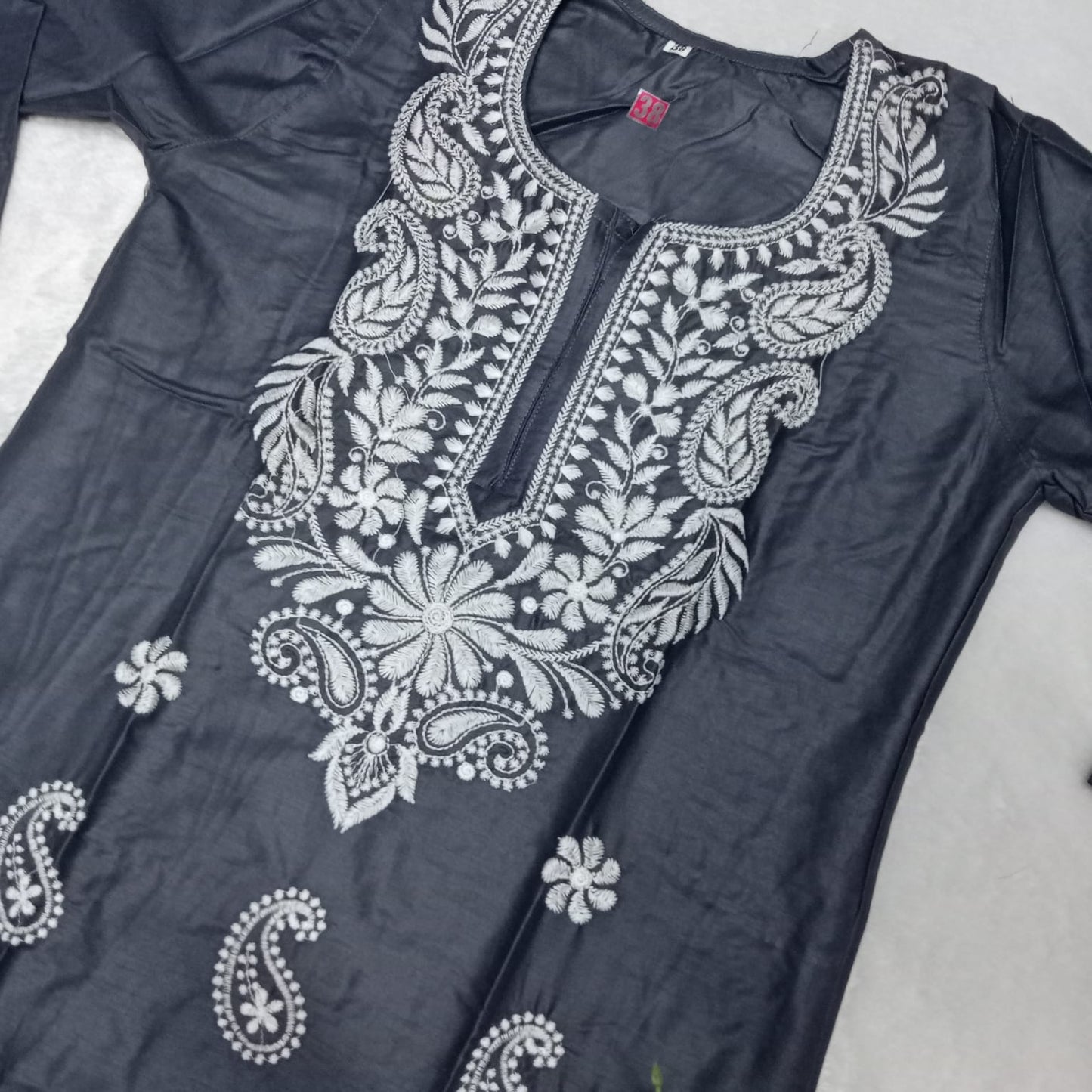 Rayon Chikankari Machine Work Kurti Plazo Set- Grey Colour - Chikankaar