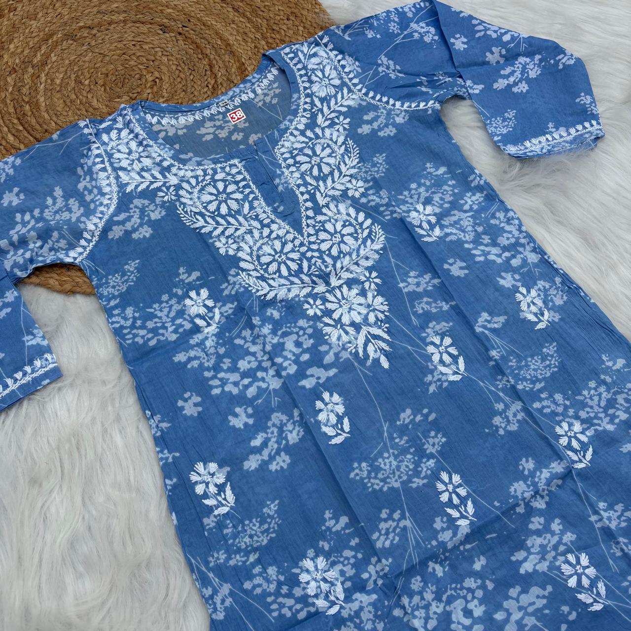Malika Pure Mulmul Cotton Short Kurti - Blue Colour