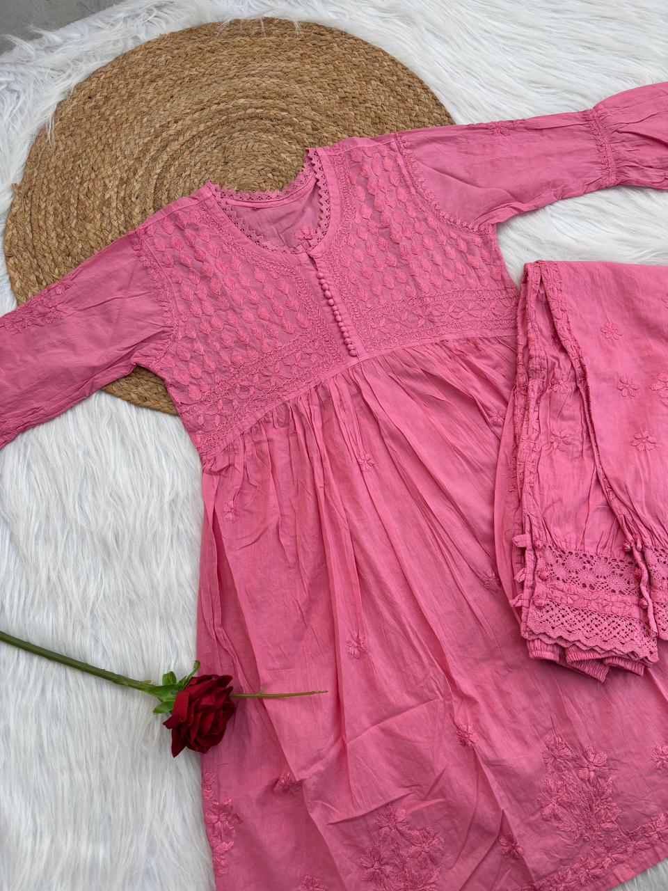 Laila Dobby Cotton Frock Style Short Kurti with Afghani Pant - Gazri Color