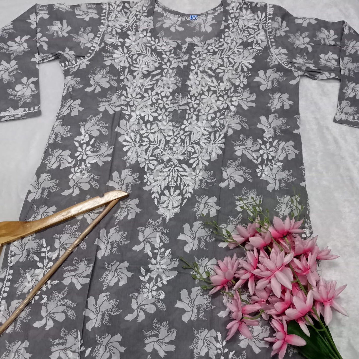 Suhana Khan Inspired Pure Mulmul Chikankari Kurti- Grey Colour - Chikankaar