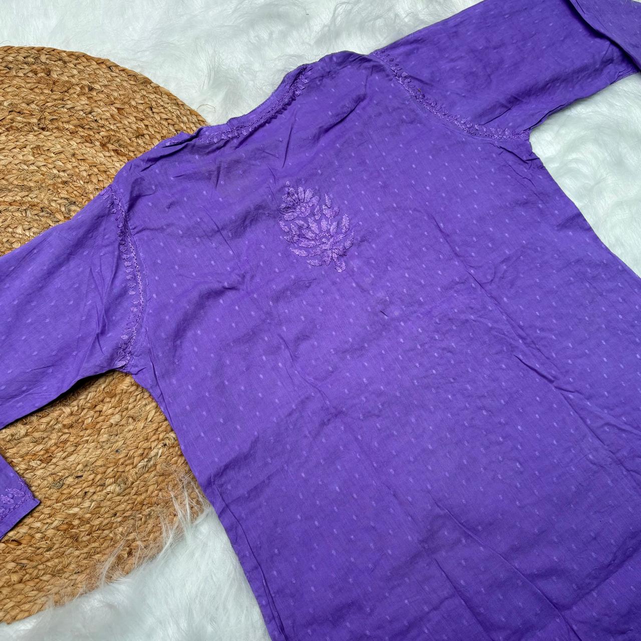 Adaah Ombre Shaded Dobby Cotton Chikankari Kurti - Purple - Chikankaar