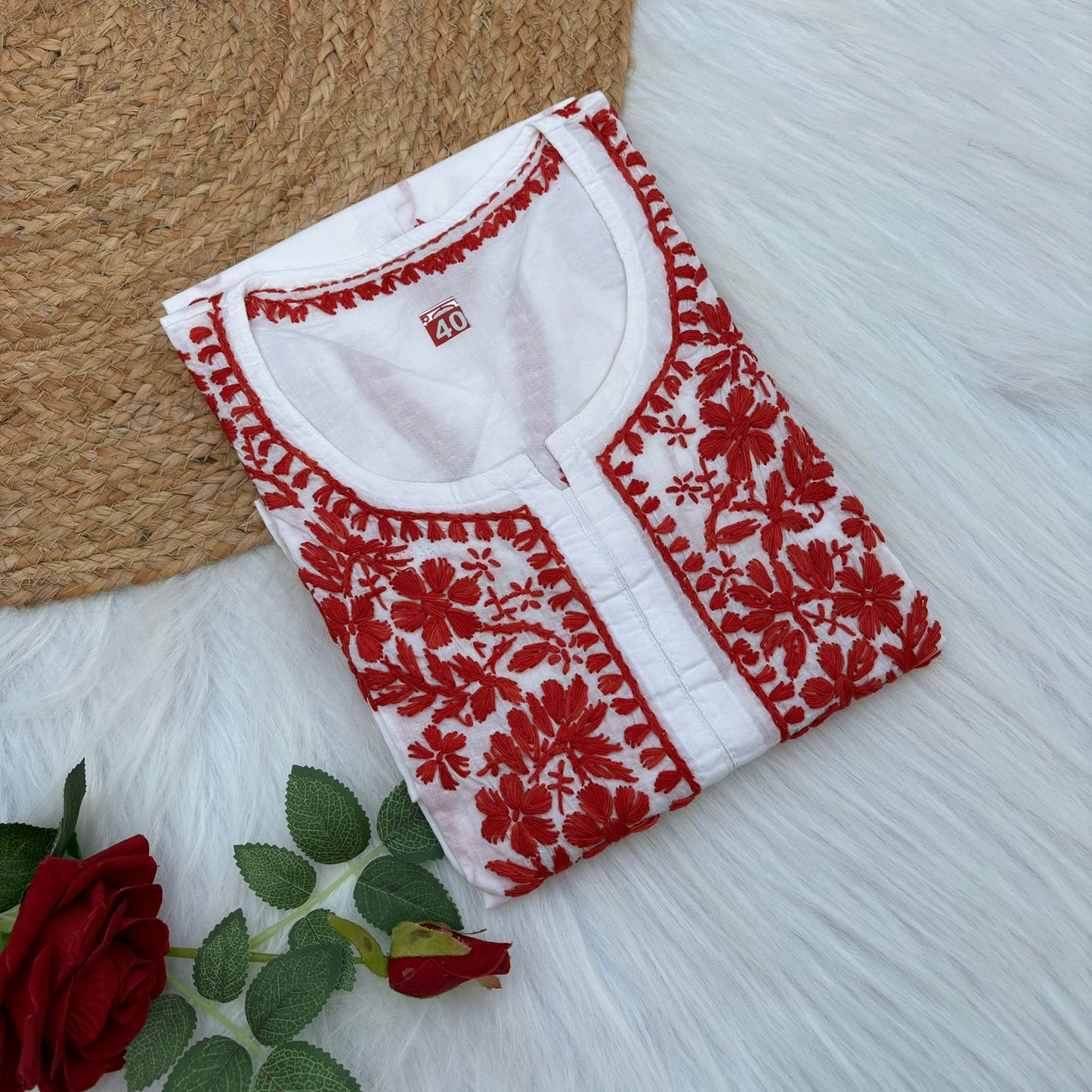 Shraddha Kapoor inspired Pure Cotton Chikankari Kurti - Red Colour - Chikankaar