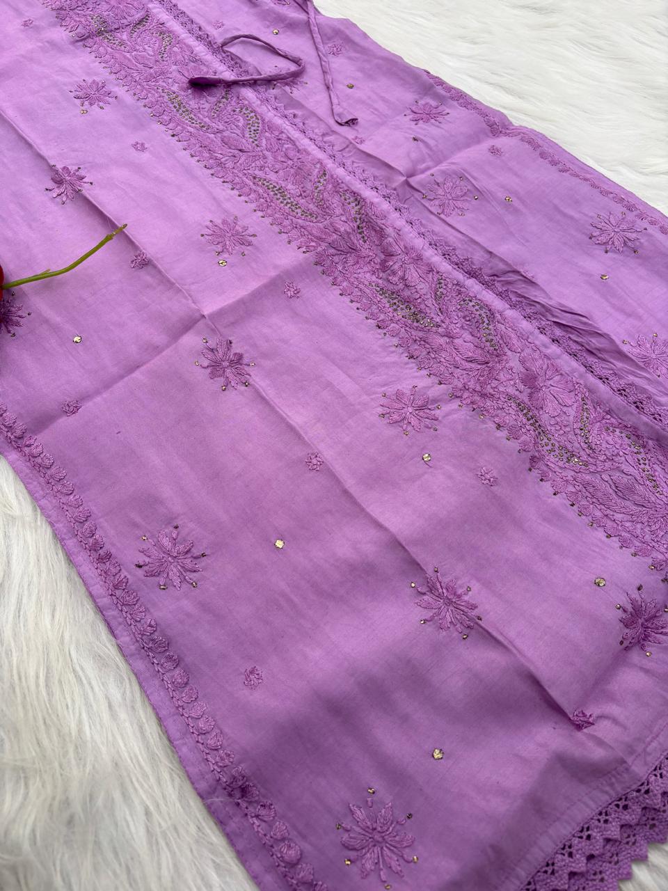 Naaz Chanderi Angrakha style Chikankari Kurti with Mukaish work - Purple Color