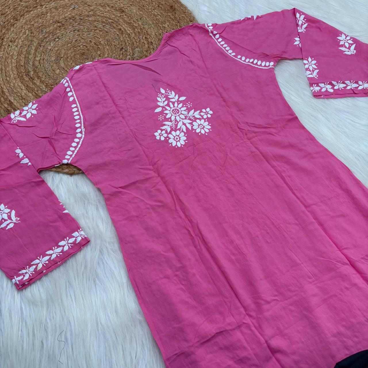 Maya Rayon Chikankari Kurti Plazo Set - Pink Colour