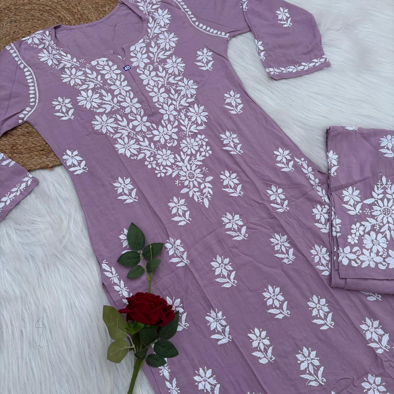 Maya Rayon Chikankari Kurti Plazo Set - Lavender Colour