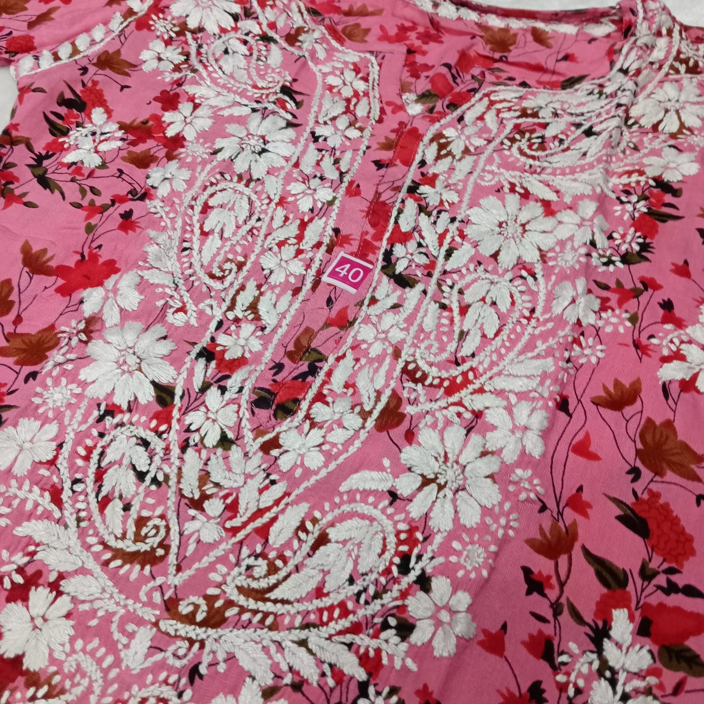 Soft Modal Floral Printed Chikankari Handwork Kurti - Pink Colour - Chikankaar