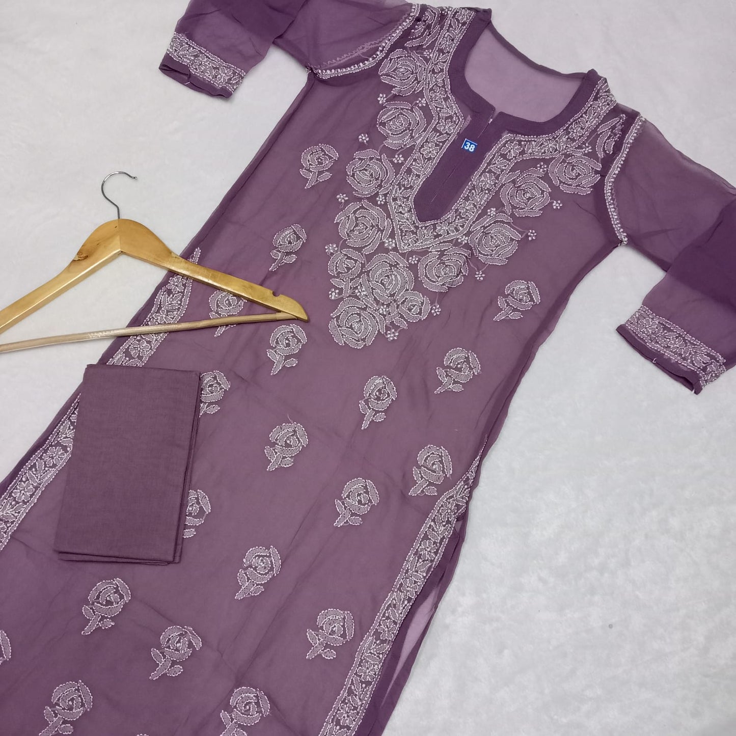 GEORGETTE CHIKANKARI ROSE WORK KURTI WITH PURE COTTON INNER -MAUVE COLOUR - Chikankaar