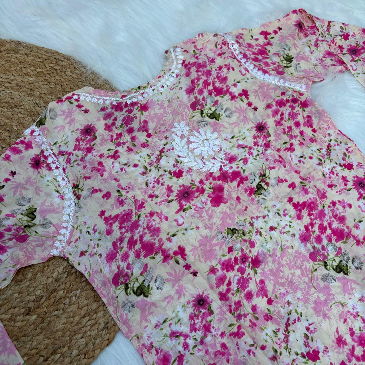 Fatima Pure Mulmul Chikankari Handwork Kurti - Pink Colour - Chikankaar