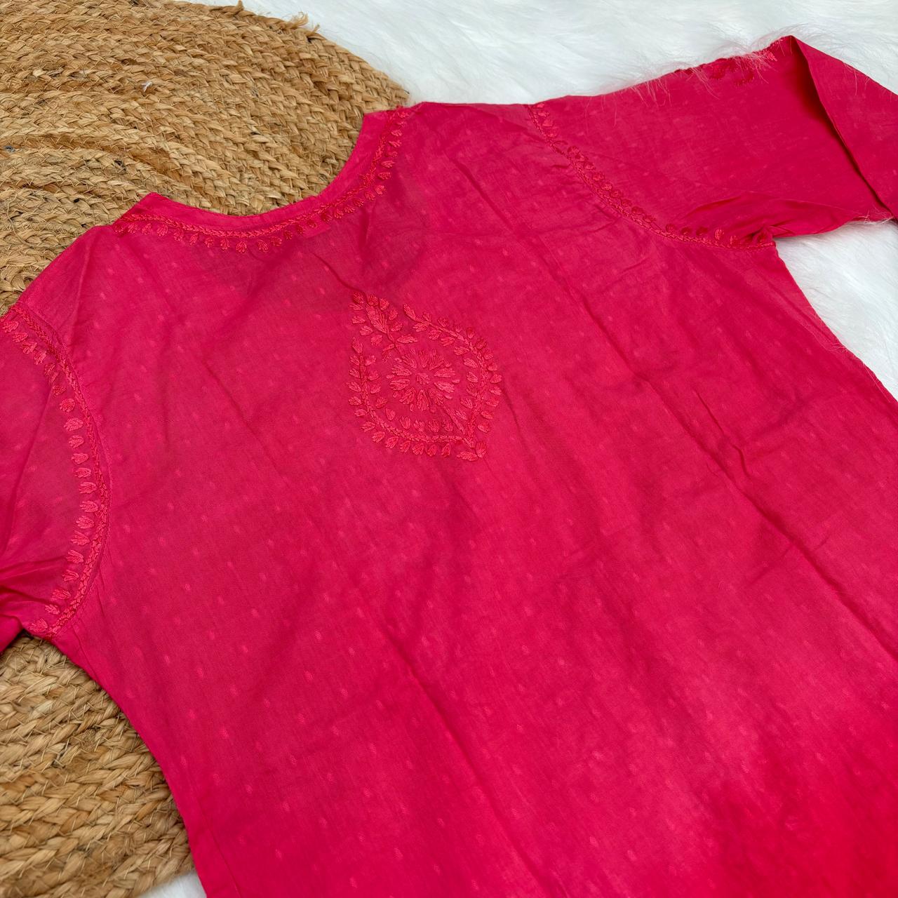 Tuba Ombre Shaded Dobby Cotton Chikankari Kurti - Dark Gazri colour - Chikankaar