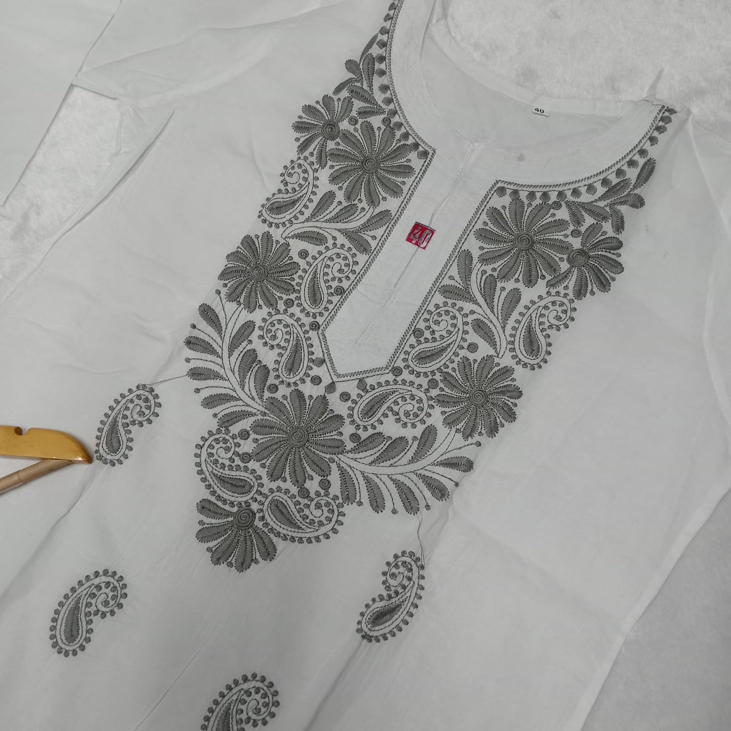 Pure Cotton Chikankari Machine Work Kurti - White Grey Colour - Chikankaar