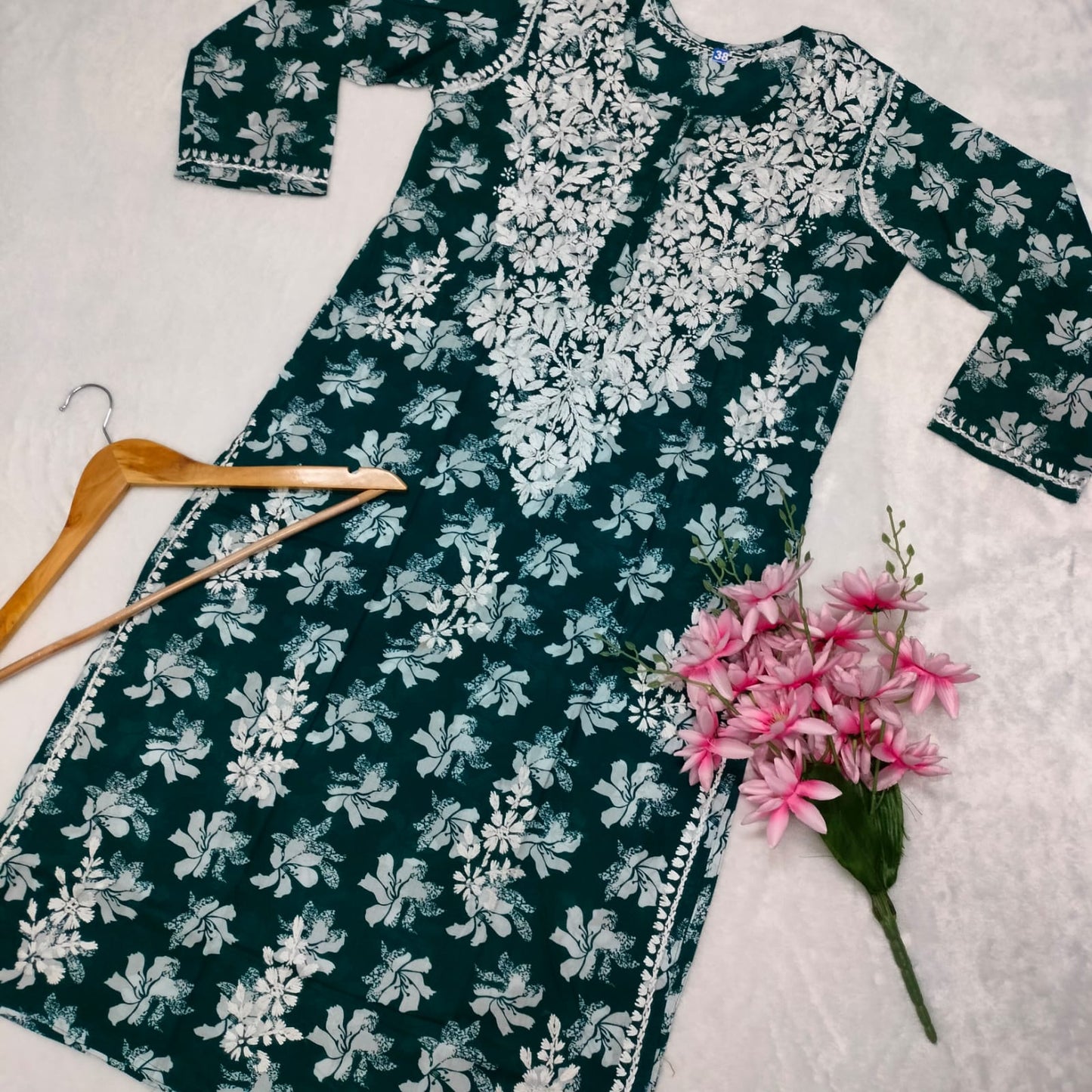 Suhana Khan Inspired Pure Mulmul Chikankari Kurti- Dark Green Colour - Chikankaar