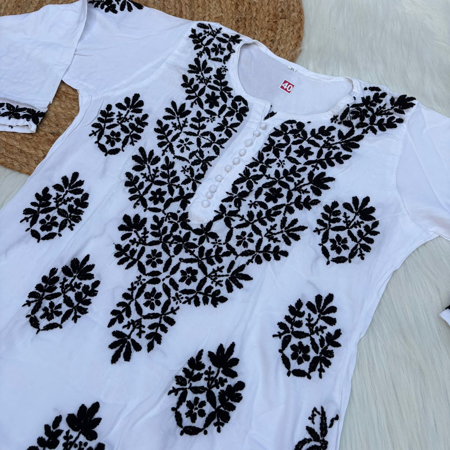 Amira Soft Rayon Chikankari Kurti - Black on White Color - Chikankaar