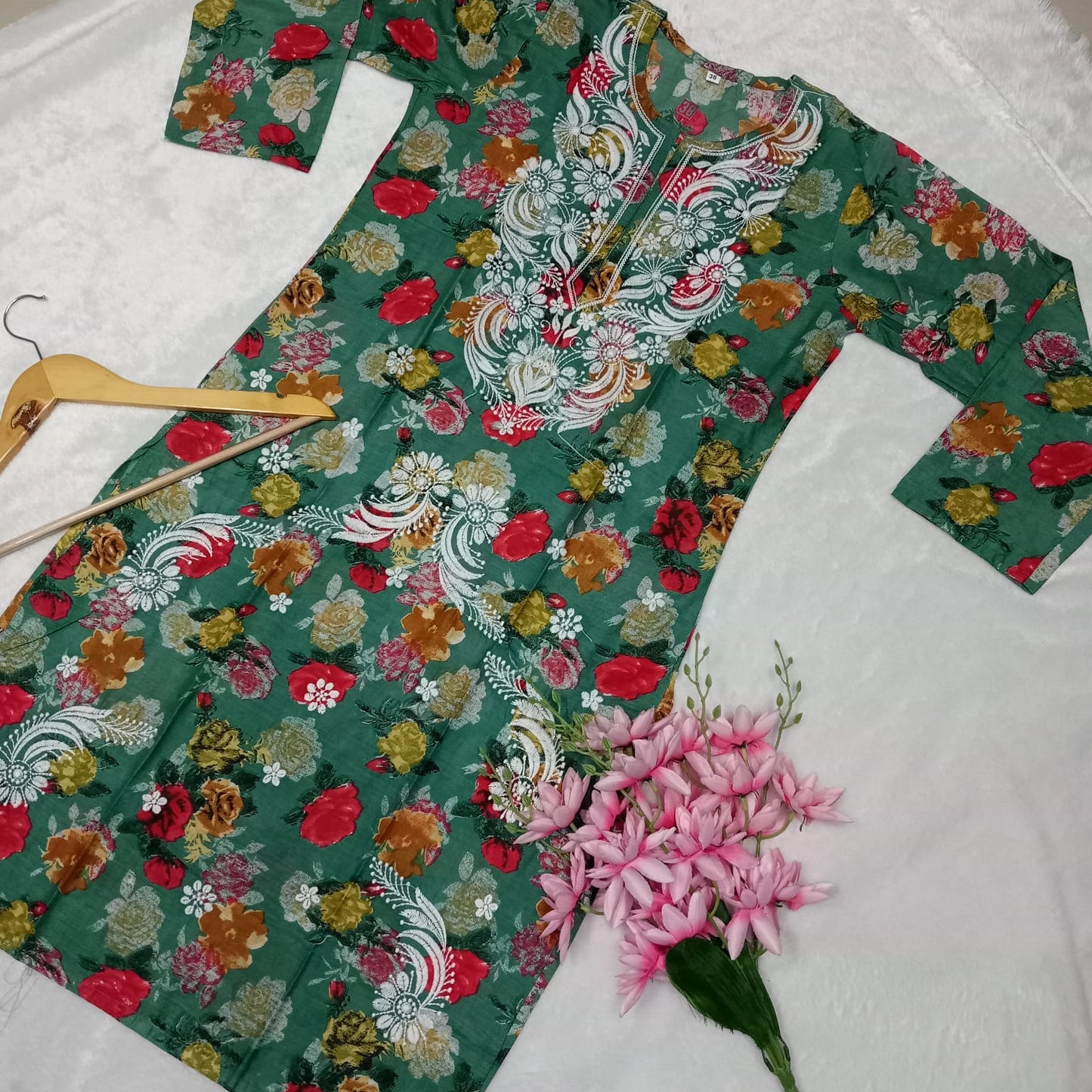 Mulmul Cotton Floral Print Chikankari Machine Work Kurti -Dark Green Colour - Chikankaar