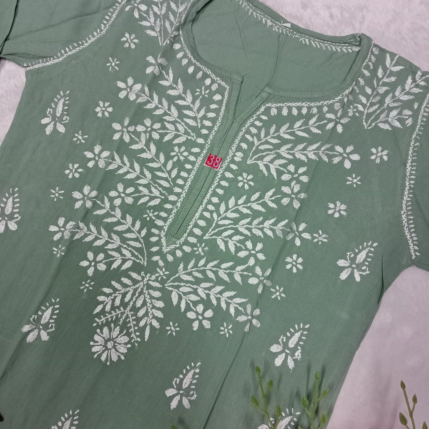 Soft Rayon Chikankari Ghaspatti Work Kurti -Pista Colour - Chikankaar