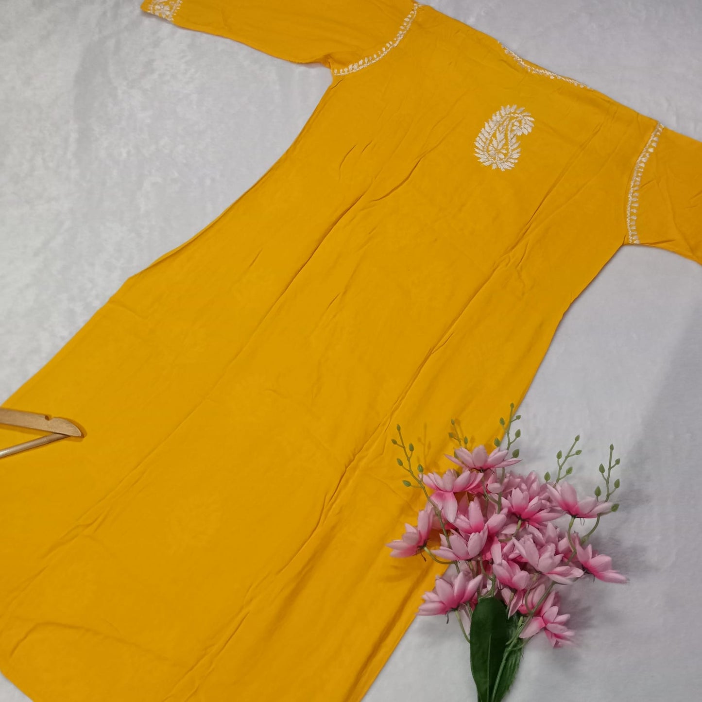 PURE RAYON CHIKANKARI KURTI - YELLOW COLOR - Chikankaar