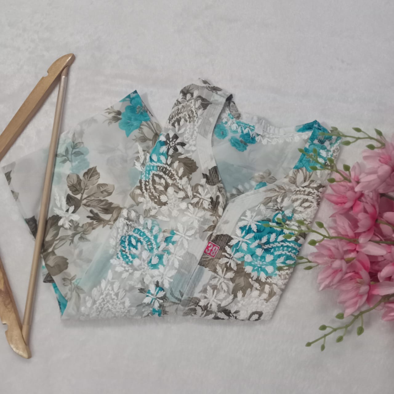 Chikankari Georgette Floral Printed Kurti - Sea Green Blue - Chikankaar