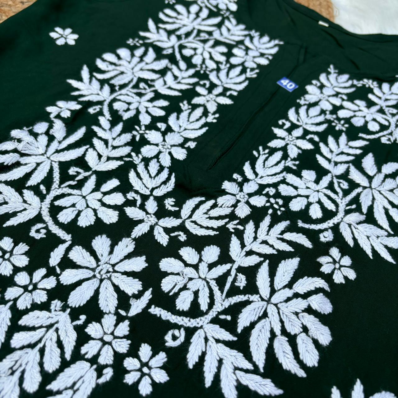 Jannat Soft Rayon Chikankari Kurti Plazo Set - Dark Green colour - Chikankaar