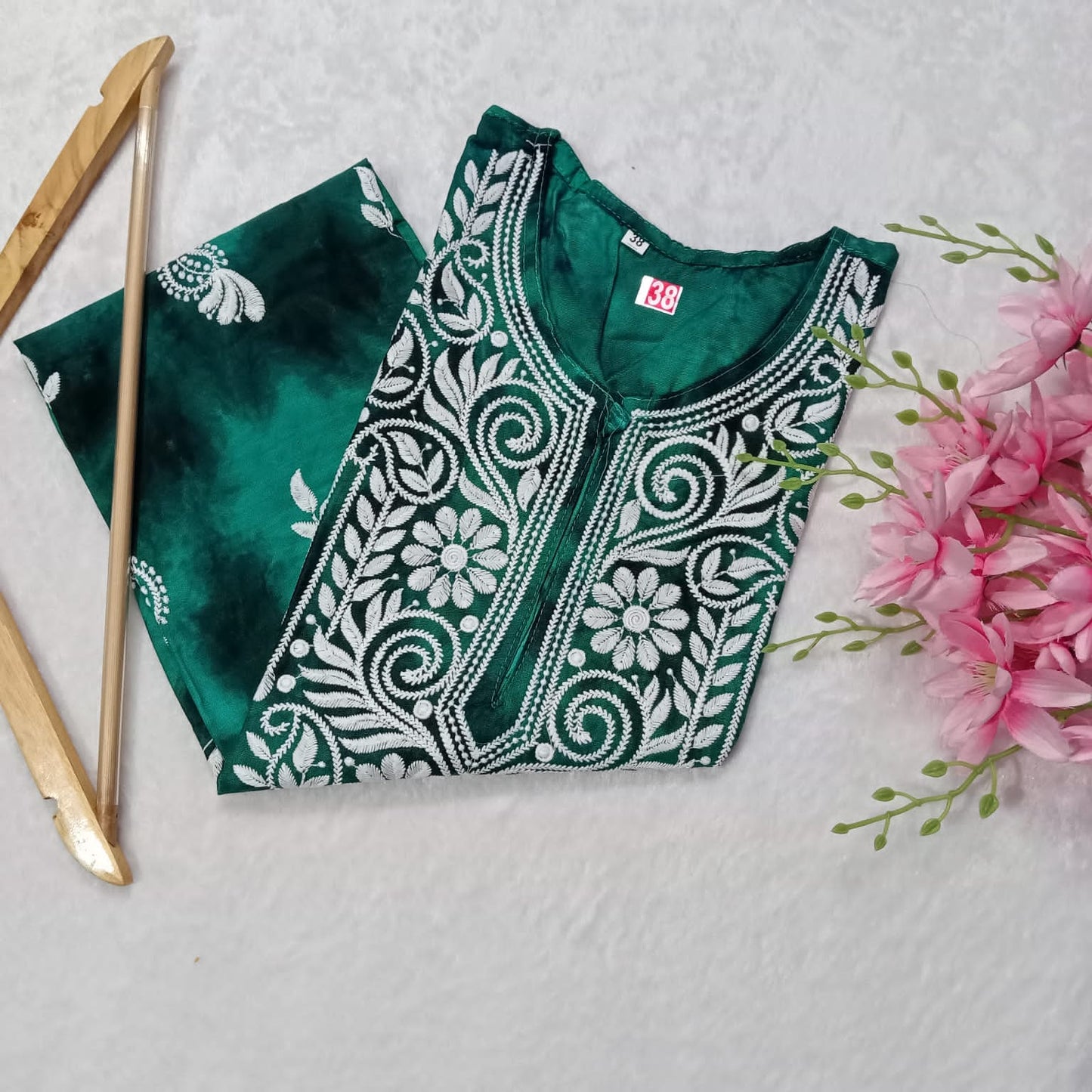 RAYON TIE & DYE CHIKANKARI MACHINE WORK KURTI -PINE GREEN COLOUR - Chikankaar