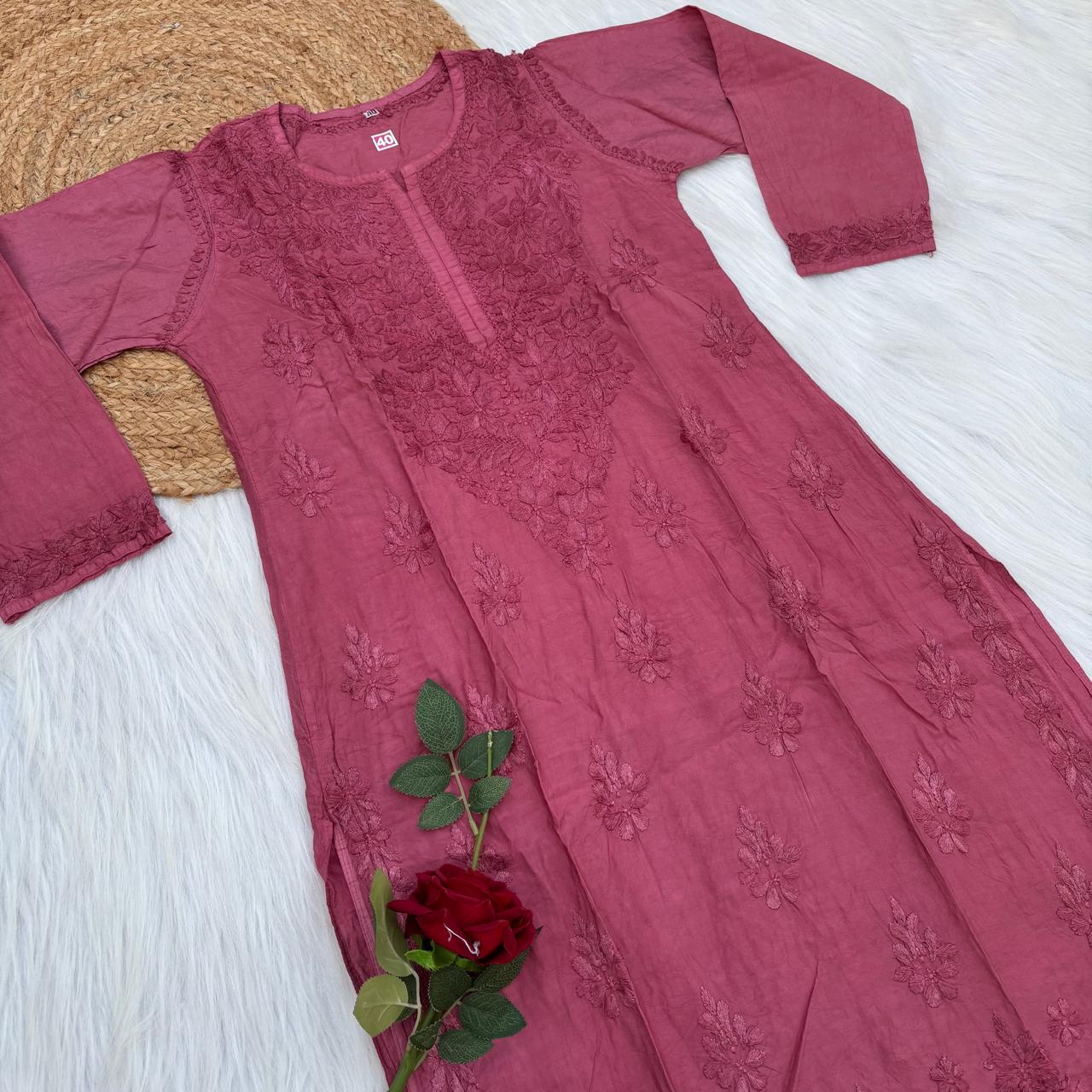 Zooni Chanderi Lucknowi Chikankari Dyed Kurti-Magenta colour