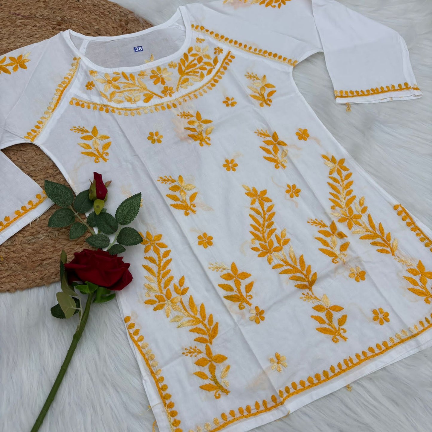 Alia Soft Rayon Chikankari Short Kurti - White Yellow Color - Chikankaar