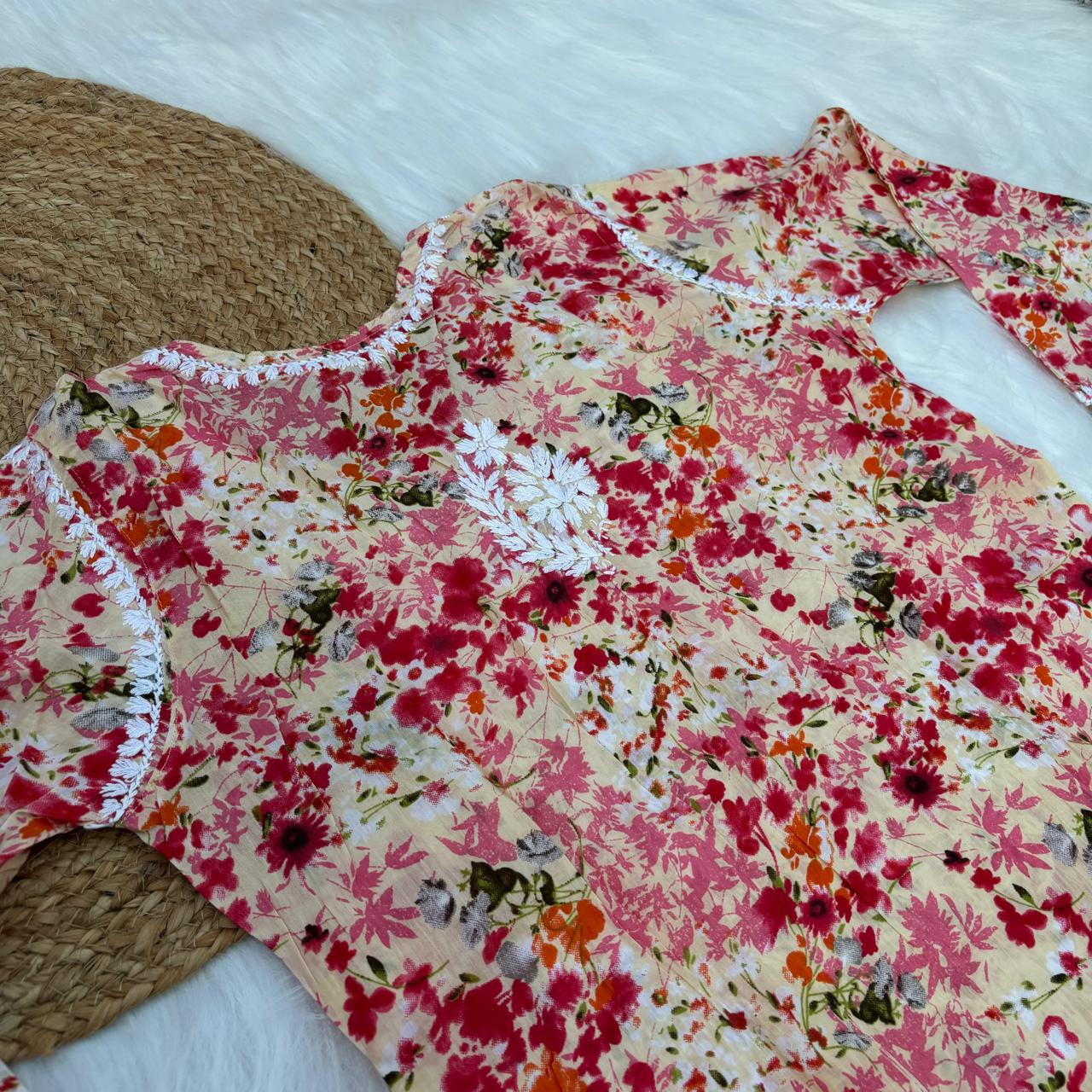 Fatima Pure Mulmul Chikankari Handwork Kurti - Red Colour - Chikankaar