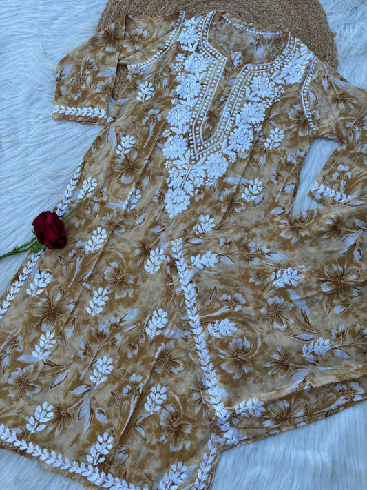 Shazia Mulmul Cotton Chikankari Kurti Set - Mustard Colour