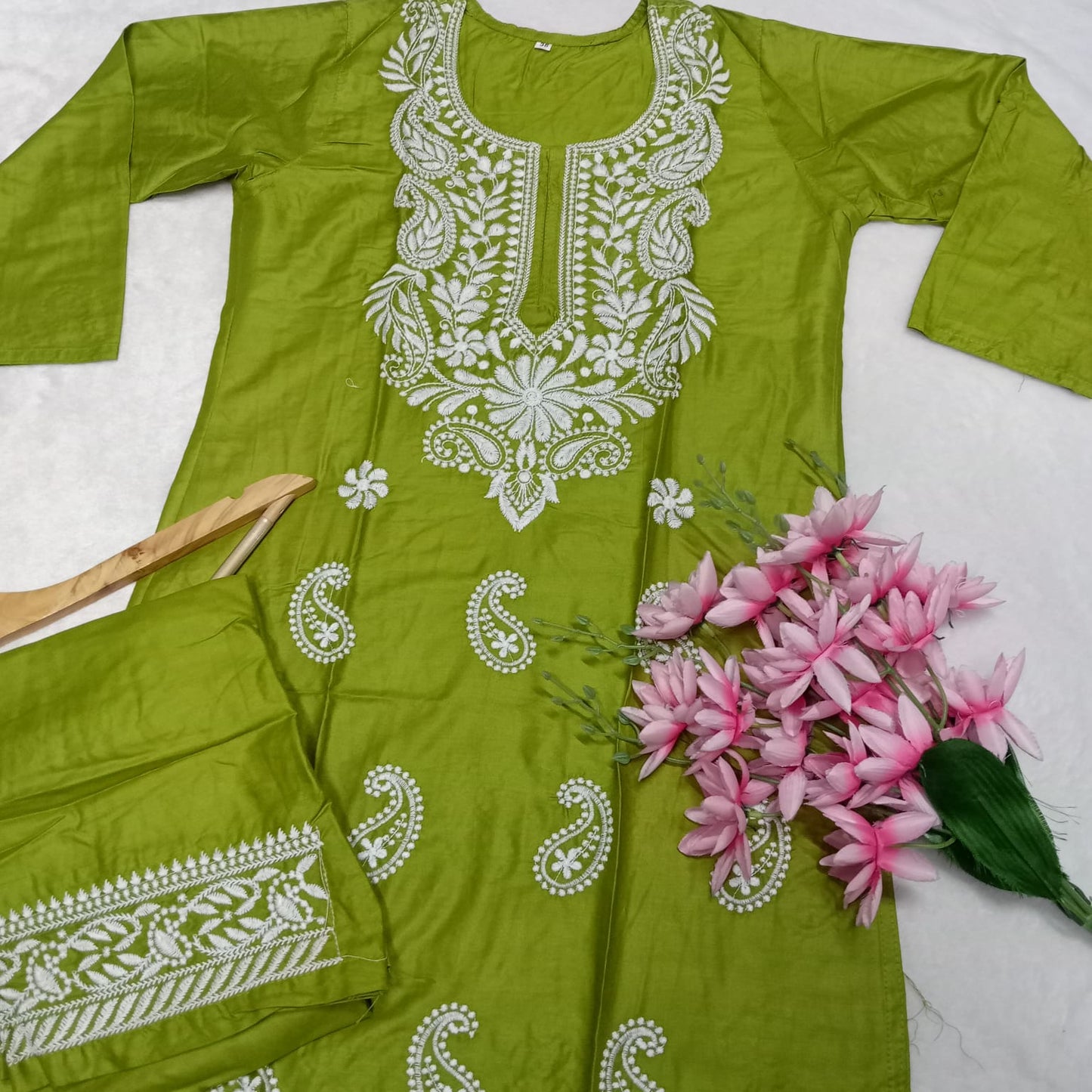 Rayon Chikankari Machine Work Kurti Plazo Set- Parrot Green Colour - Chikankaar