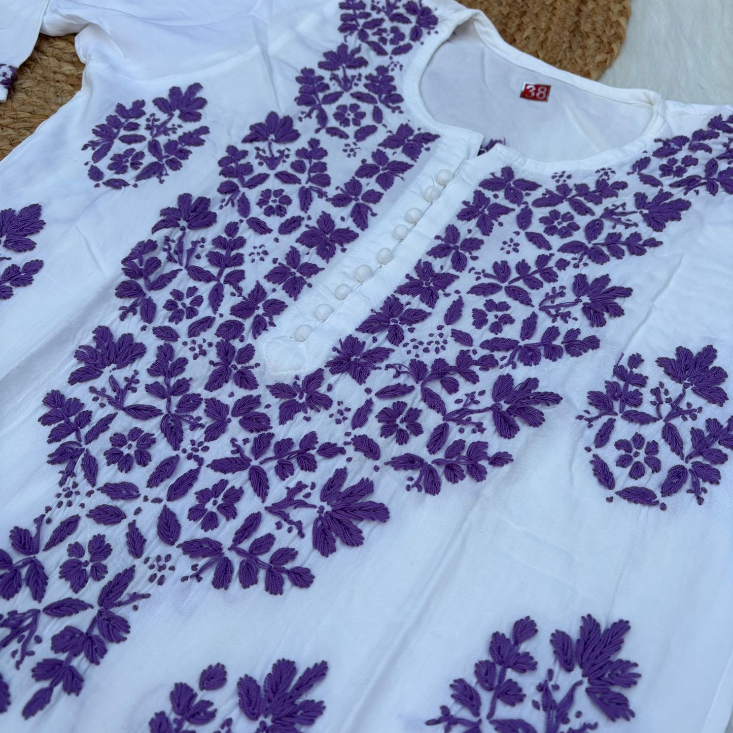Amira Soft Rayon Chikankari Kurti - Purple on White Color - Chikankaar