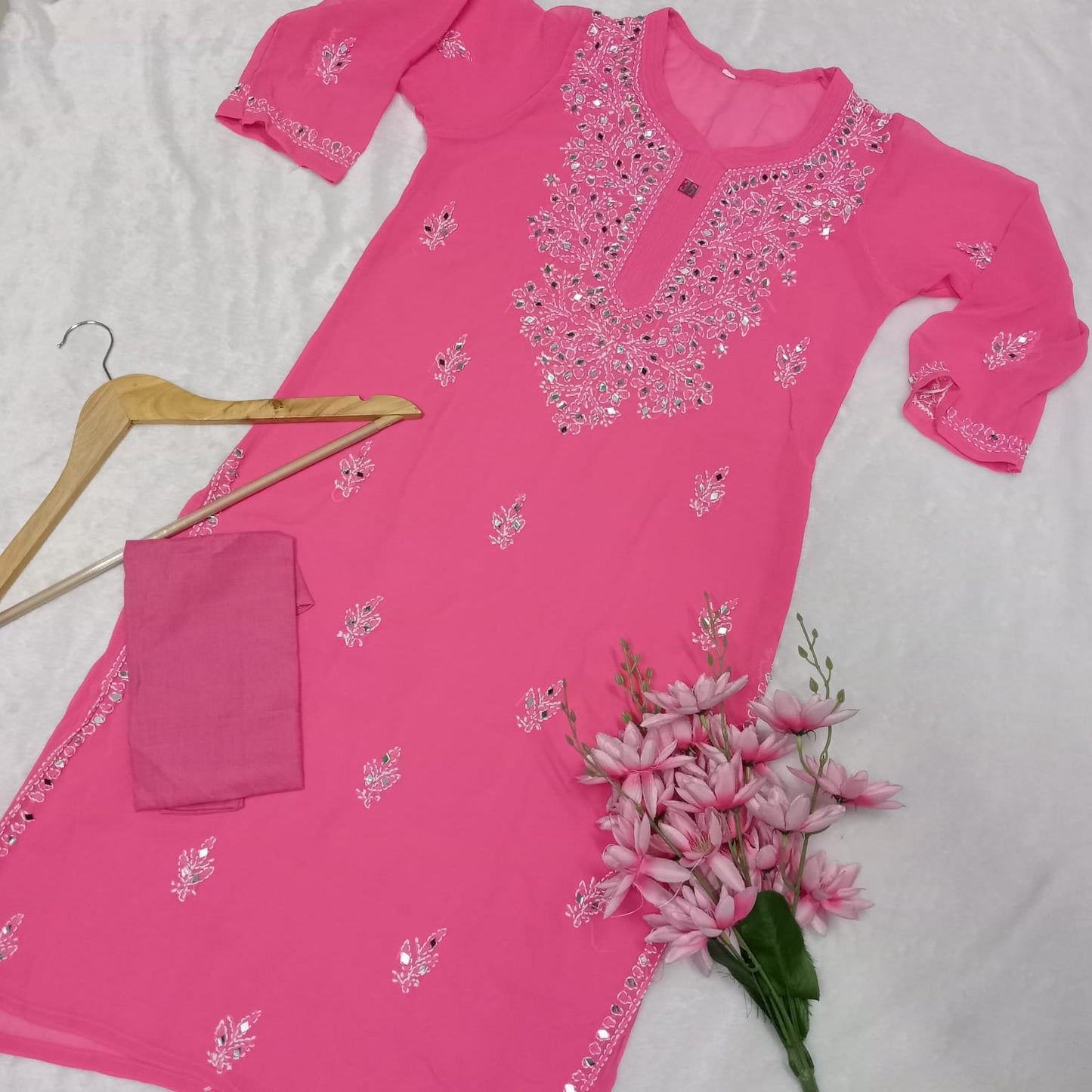 Georgette Mirror Work Chikankari Kurti With Inner - Rani Colour - Chikankaar