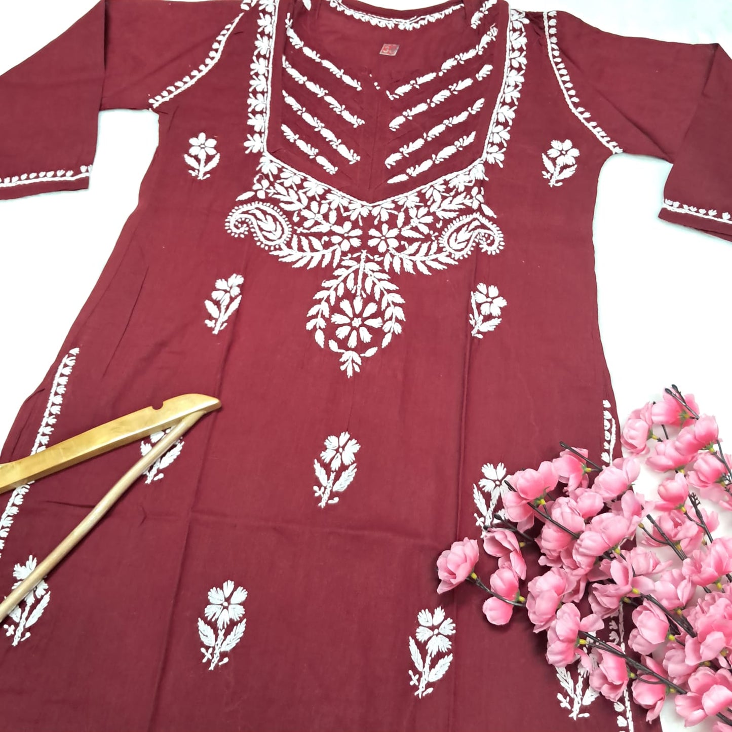 Adiva Pure Cotton Chikankari Handwork Kurti - Maroon Colour - Chikankaar