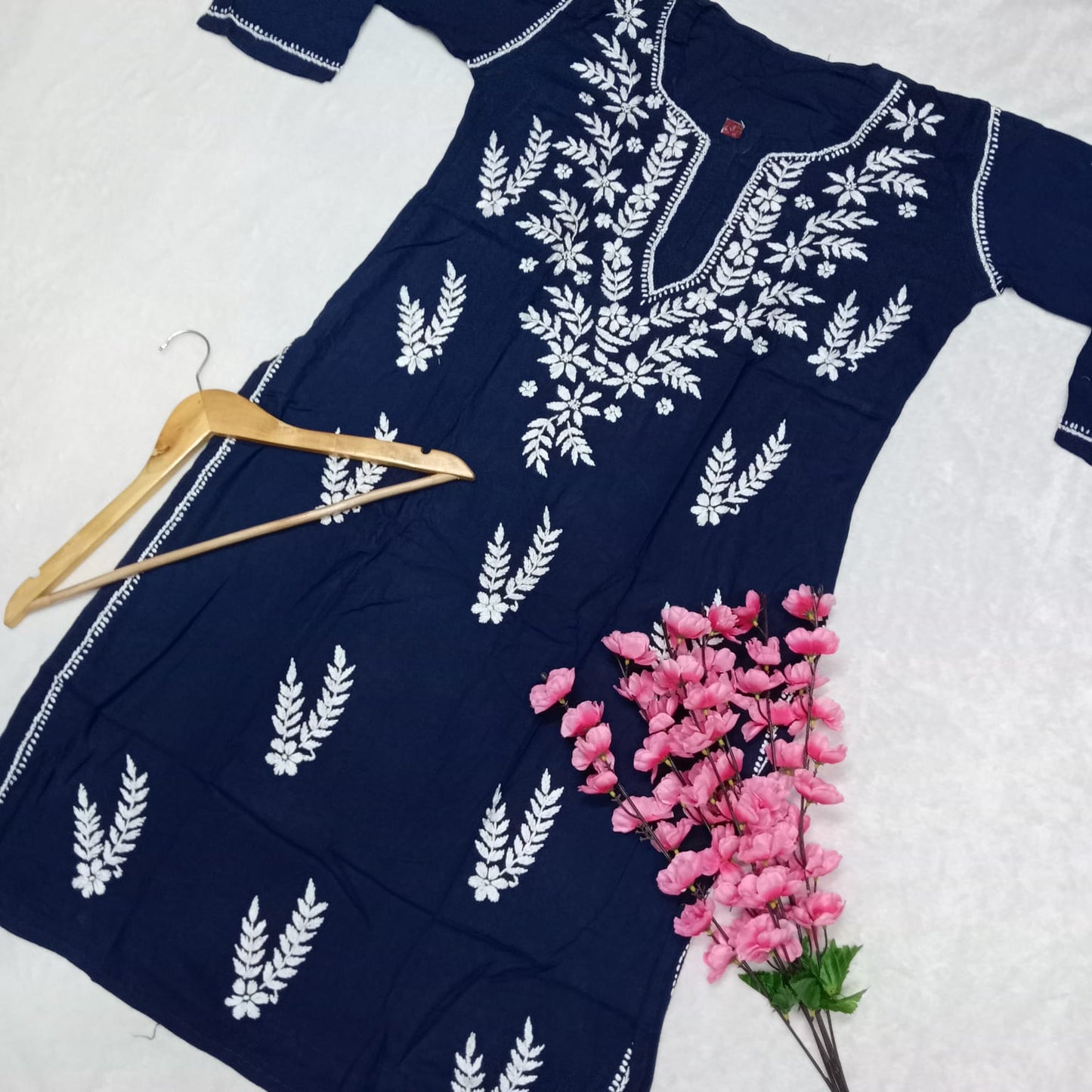 Pure Rayon Chikankari Ghas Patti Work Kurti -Navy Blue - Chikankaar