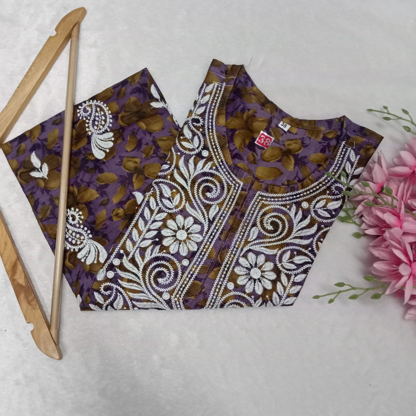 Cotton Silk Chikankari Machine Work Kurti - Purple Colour - Chikankaar