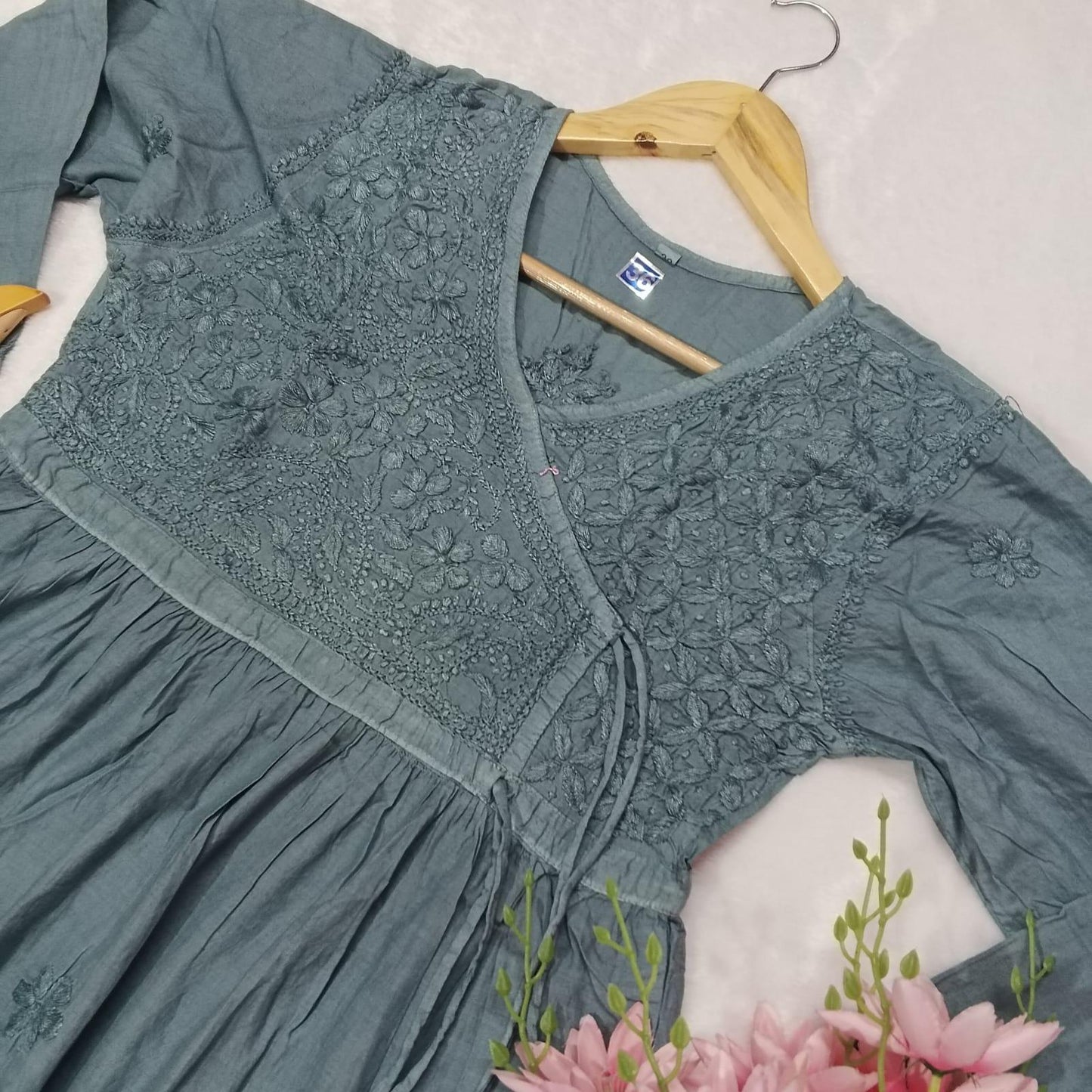 Dobby Cotton Chikankari
Short Angarakha Gown - Grey Colour - Chikankaar