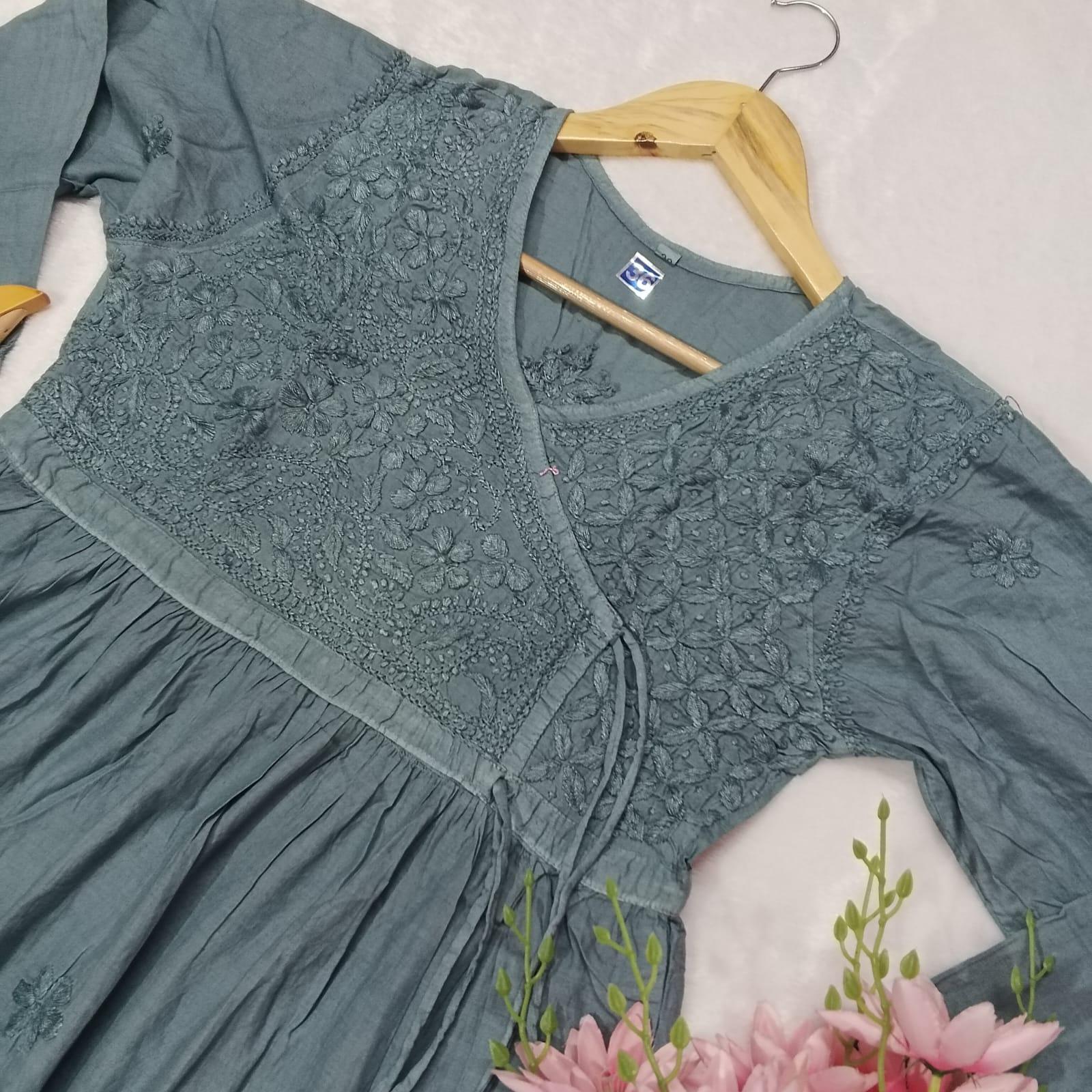 Dobby Cotton Chikankari 
Short Angarakha Gown - Grey Colour - Chikankaar