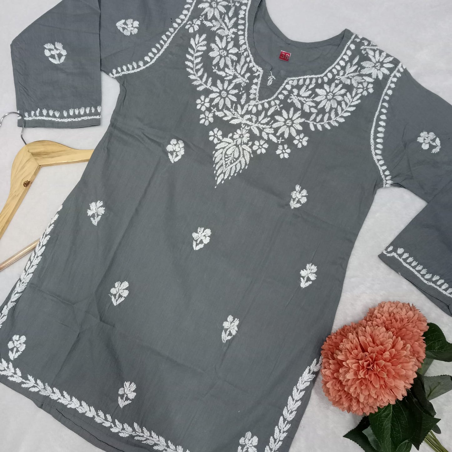 Cotton Chikankari Handwork Short Kurti -Grey Colour - Chikankaar