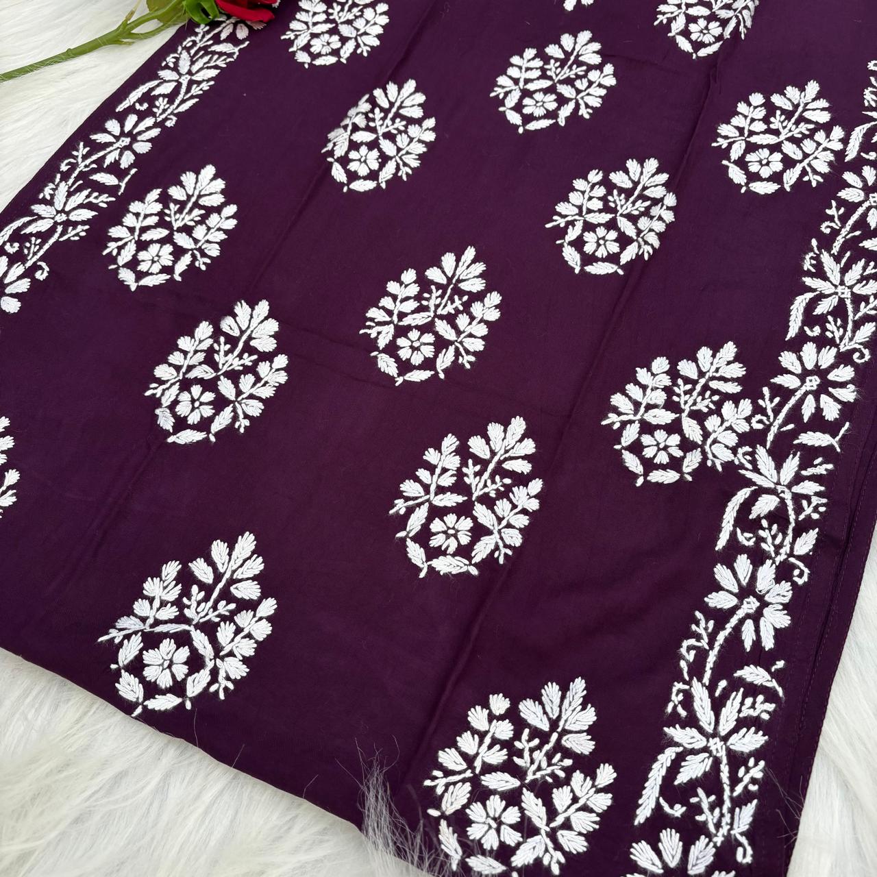 Ameena Soft Rayon Chikankari Kurti - Wine Colour