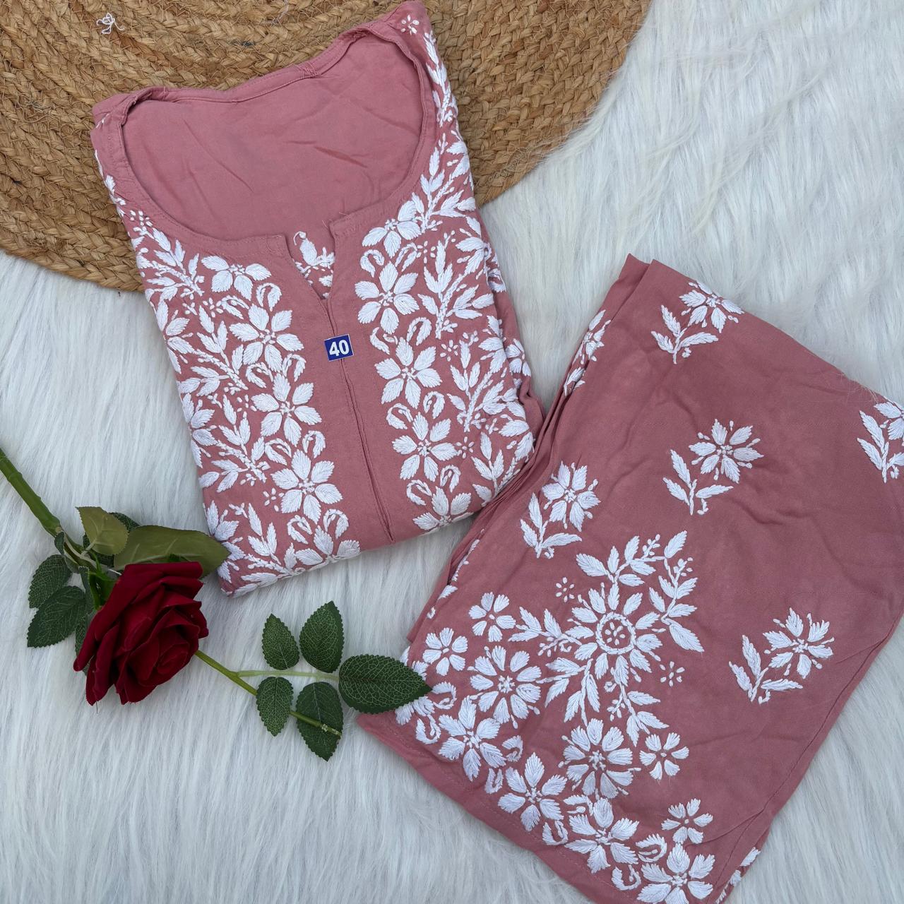 Maya Rayon Chikankari Kurti Plazo Set - Blush Colour