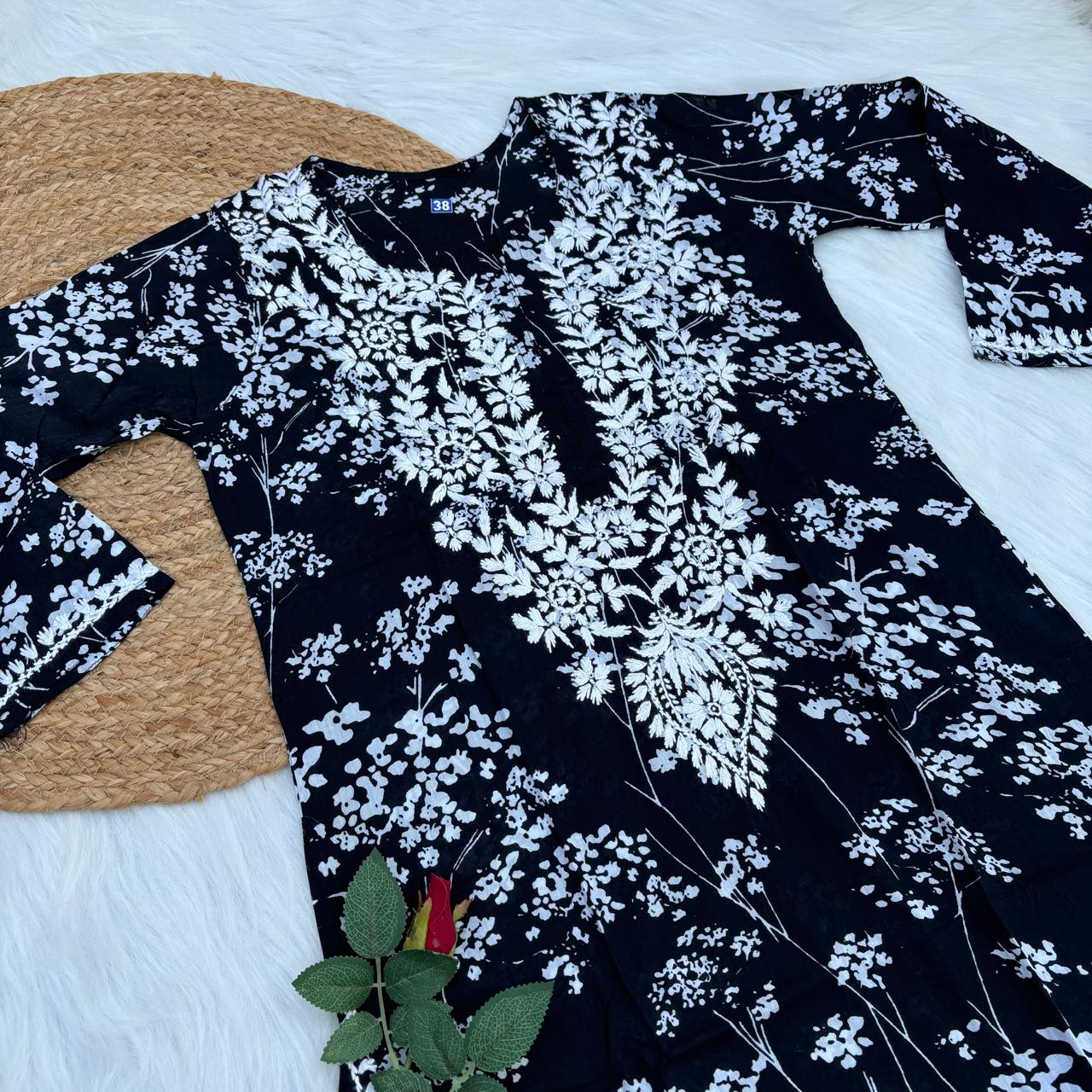 Mahira Sharma Inspired Pure Mulmul Printed Chikankari Handwork Kurti - Black Colour - Chikankaar