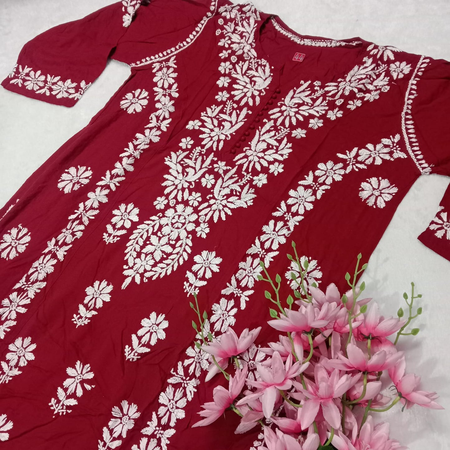 Premium Modal Silk Chikankari Kurti - Red Color - Chikankaar