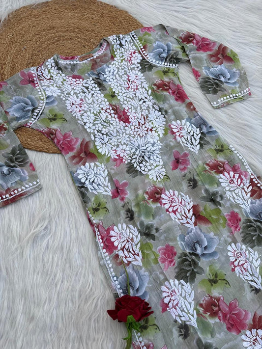 Najma Pure Mulmul Chikankari Handwork Kurti - Parrot Green Colour