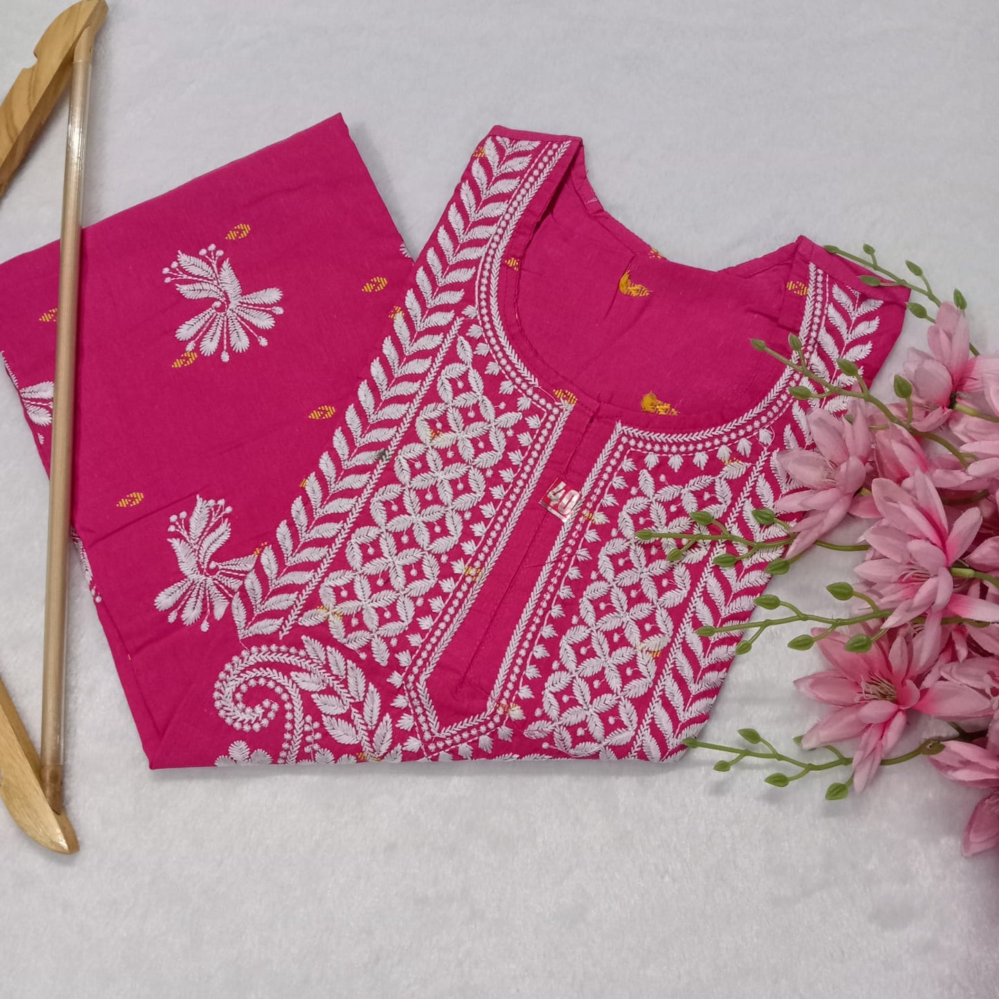 SOFT COTTON PRINTED CHIKANKARI MACHINE WORK KURTI -RANI COLOUR - Chikankaar