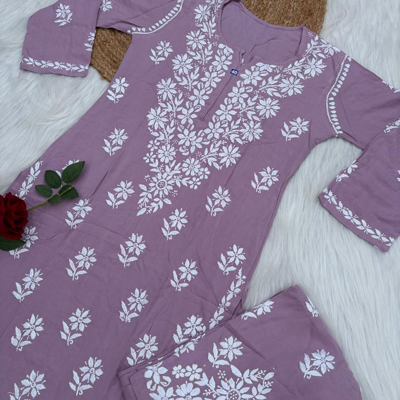 Maya Rayon Chikankari Kurti Plazo Set - Lavender Colour